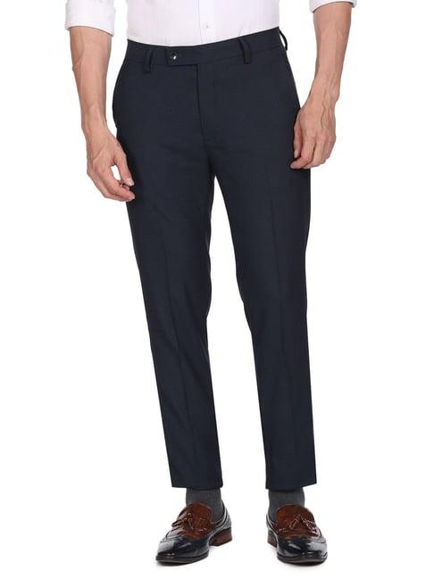 arrow navy slim fit self pattern trousers