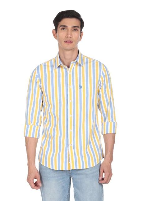 u.s. polo assn. yellow and blue cotton regular fit striped shirt