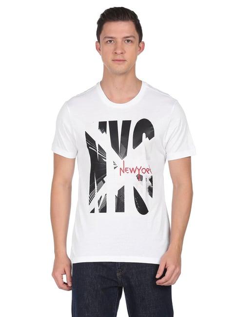 arrow new york white cotton regular fit printed t-shirt