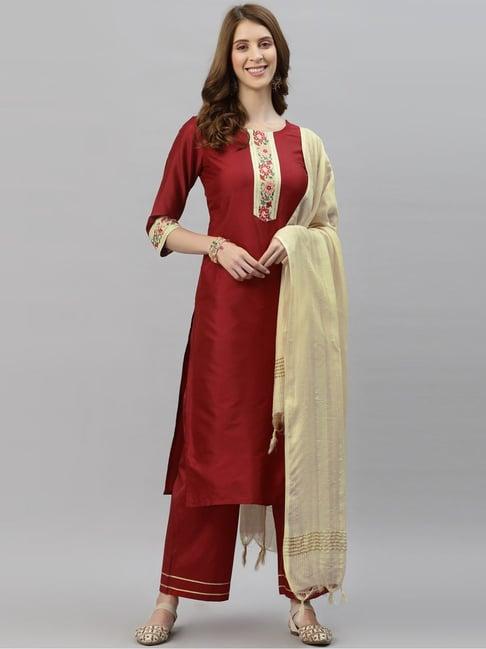 satrani maroon embroidered kurta palazzo set with dupatta