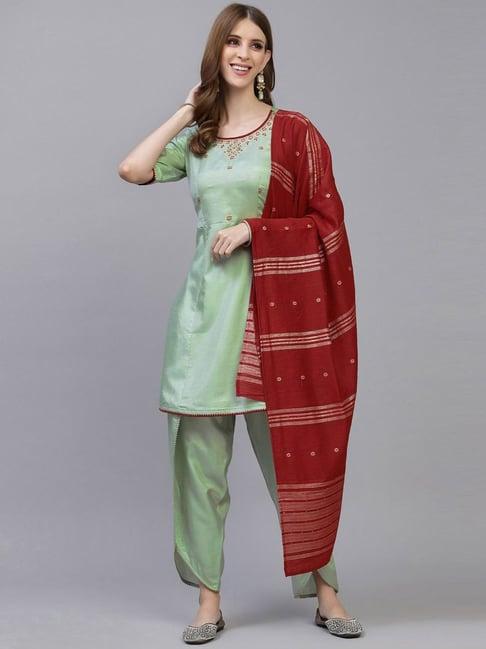 satrani mint green embroidered kurti pant set with dupatta