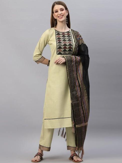 satrani beige woven pattern kurta palazzo set with dupatta