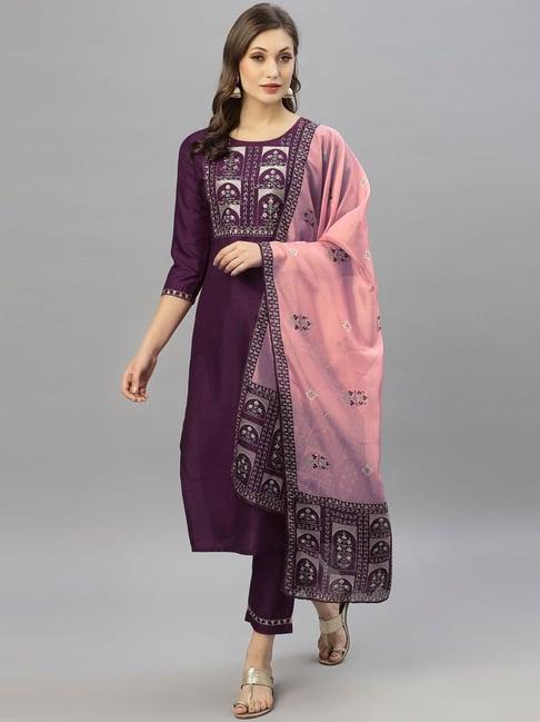 satrani purple embroidered kurta pant set with dupatta