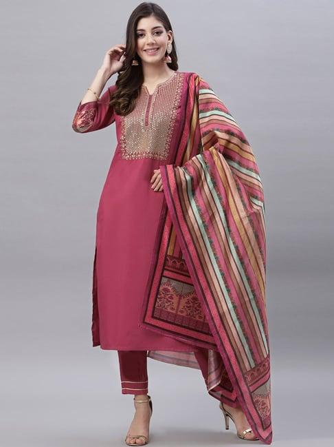 satrani pink embroidered kurta pant set with dupatta