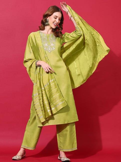 satrani green embroidered kurta palazzo set with dupatta