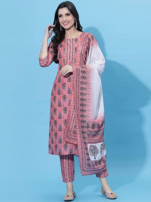 satrani pink printed kurta pant set with dupatta