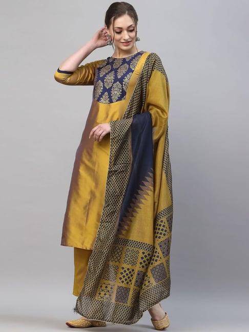 satrani mustard printed kurta palazzo set with dupatta