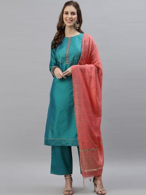 satrani teal blue embroidered kurta palazzo set with dupatta