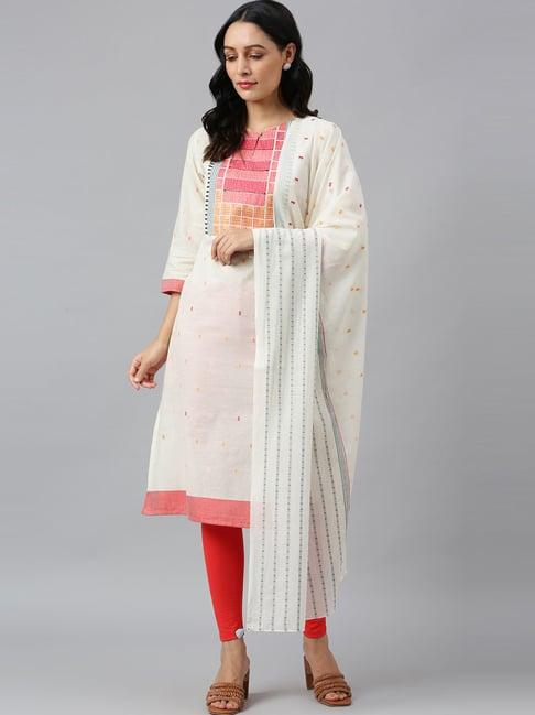 w women white geometric print cotton blend kurta with tight & dupatta