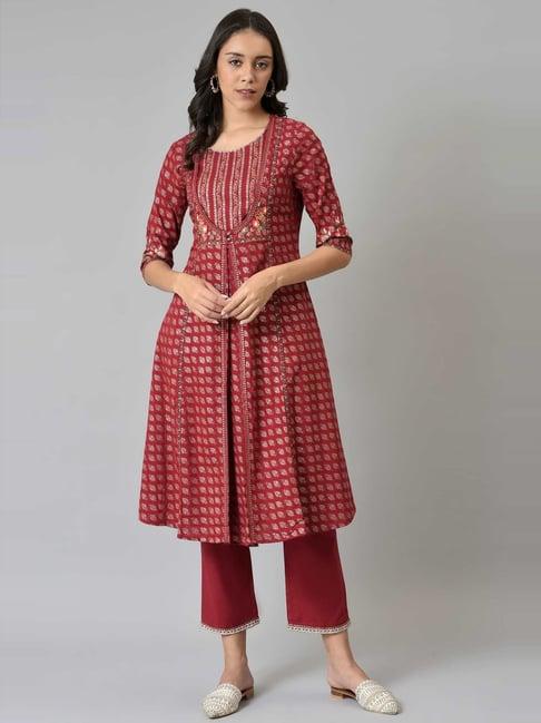 w women red festive floral print rayon kurta with straight pant