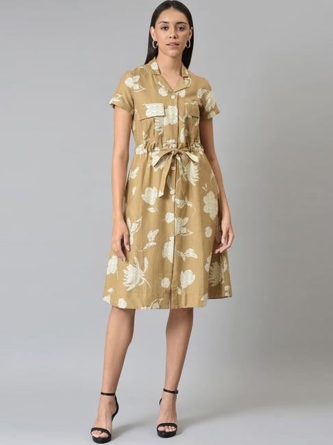 w beige cotton printed a-line dress