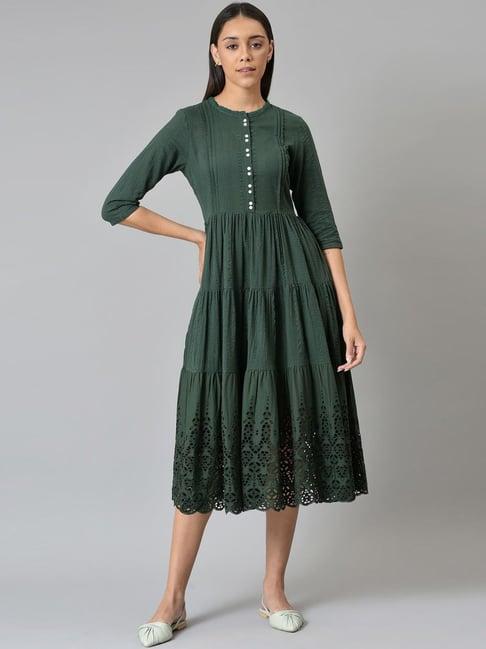 w green cotton floral print a-line dress