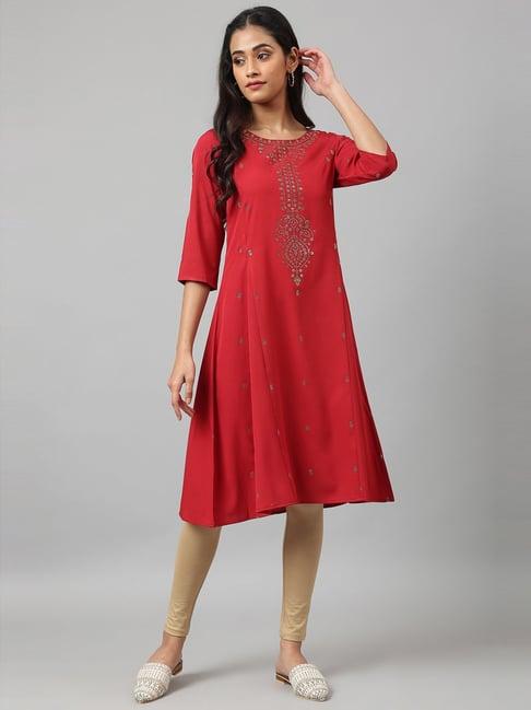 w brick red embellished a line kurta