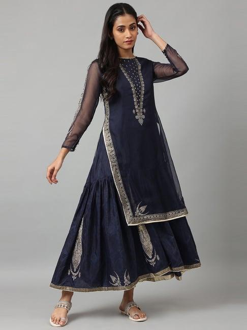 wishful by w navy floral print straight kurta