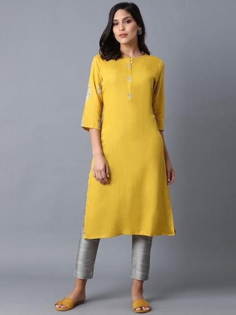 w mustard floral print straight kurta