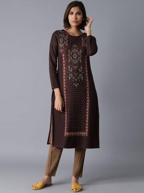 w prune aztec print straight kurta