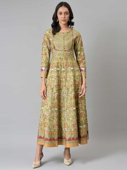 w olive green floral print flared kurta