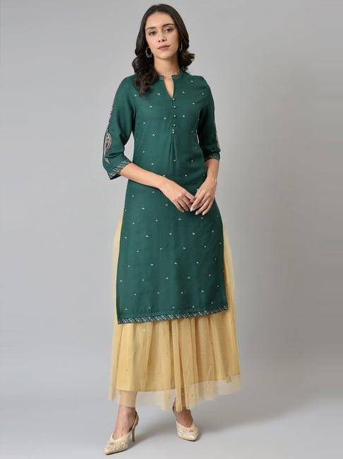 w bottle green embroidered straight kurta