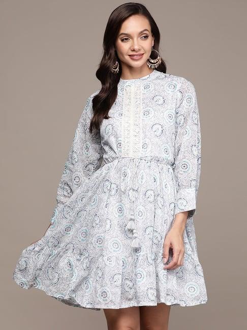 ishin grey cotton printed a-line dress