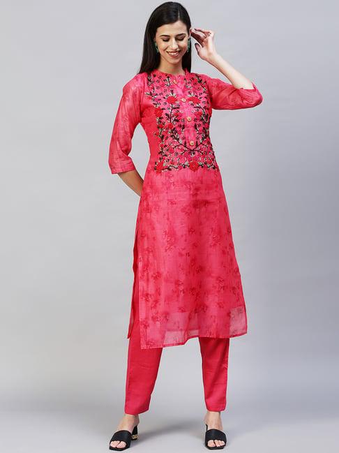 fashor pink embroidered kurta pant set