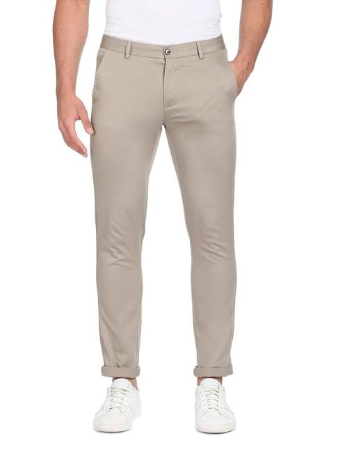 arrow sport taupe cotton slim fit trousers