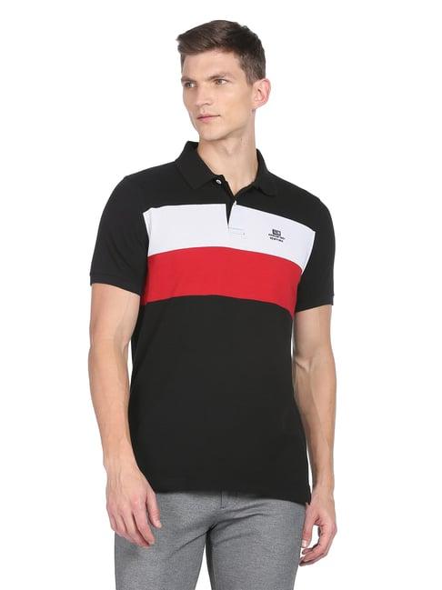 arrow sport black cotton regular fit colour block polo t-shirt