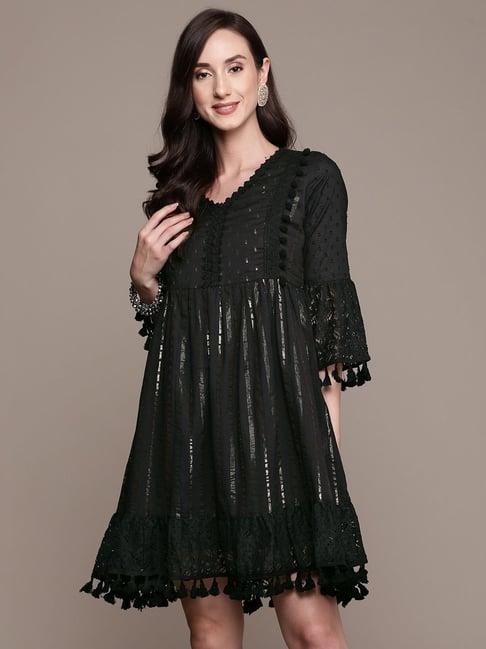 ishin black cotton embroidered a-line dress