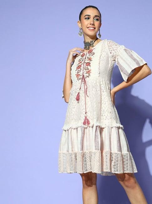 ishin cream cotton embroidered a-line dress