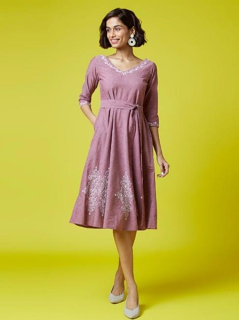 okhai mauve magic pure cotton hand embroidered a-line dress