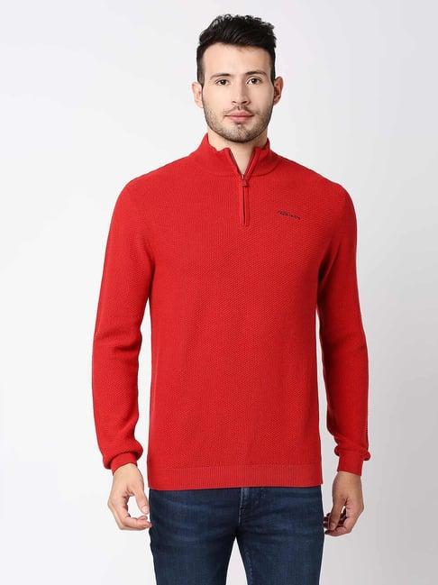 pepe jeans red self design sweater