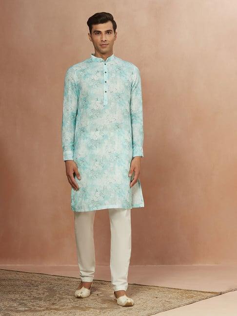 manyavar turquoise floral printed kurta