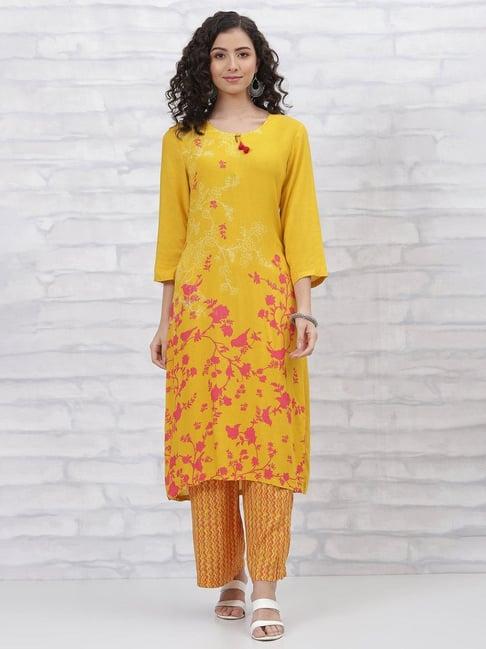 rangriti yellow printed kurta palazzo set