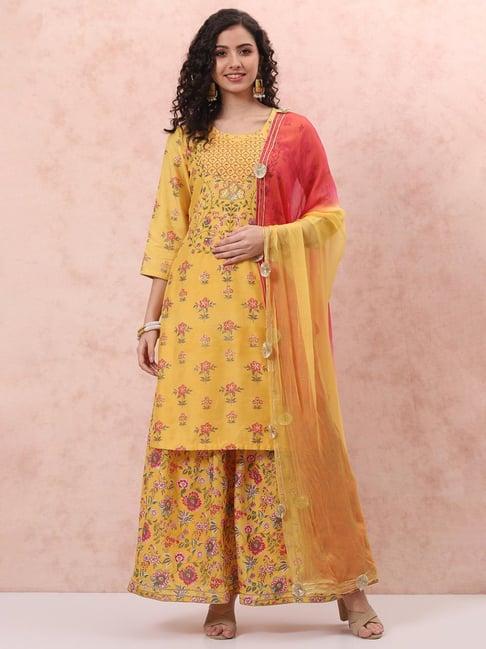 rangriti yellow printed kurta sharara set with dupatta