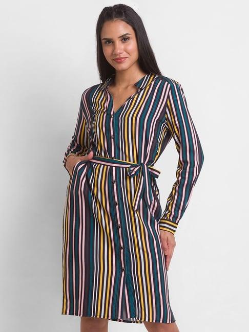 spykar multicolored cotton striped shirt dress