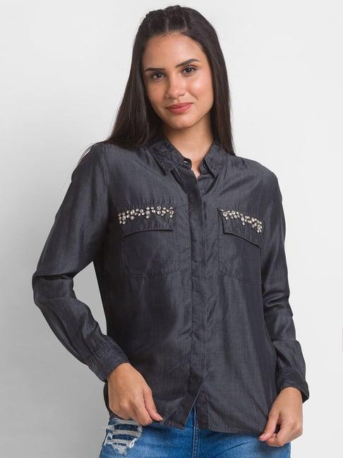 spykar black embellished shirt