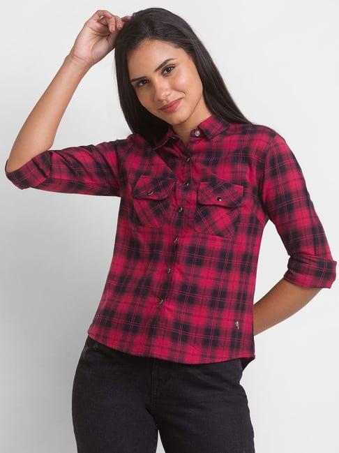 spykar pink cotton chequered shirt