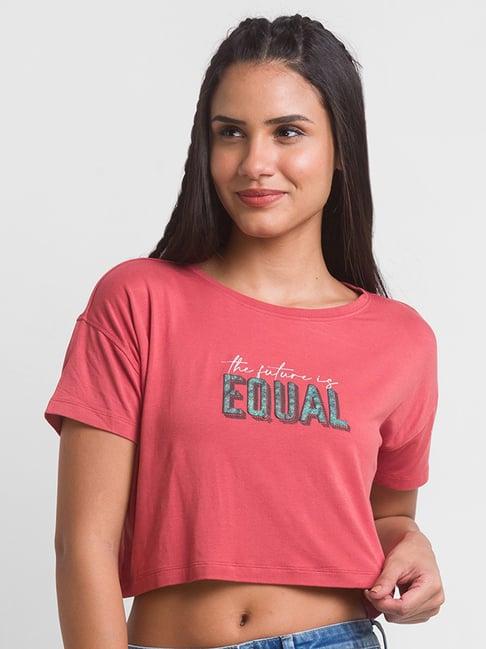 spykar coral printed crop t-shirt