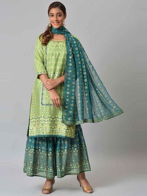 aurelia women green floral print viscose kurta set with sharara & dupatta