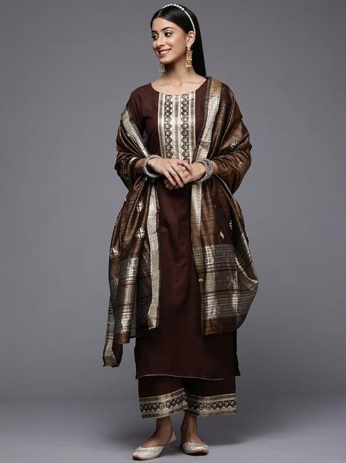 indo era brown embroidered kurta palazzo set with dupatta