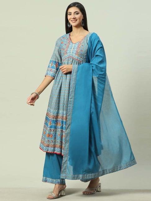 biba turquoise cotton printed kurta palazzo set with dupatta