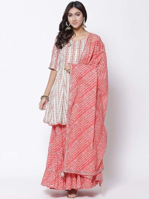 biba blue & coral cotton printed kurti sharara set with dupatta