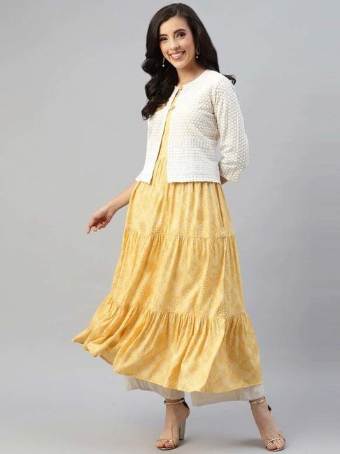 readiprint fashions yellow embroidered a line kurta with jacket