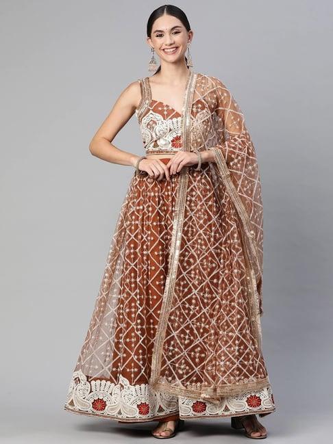 readiprint fashions brown embroidered lehenga choli set with dupatta