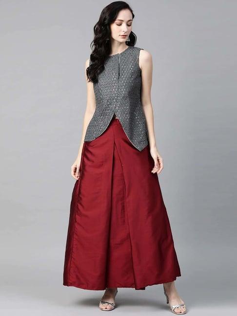 readiprint fashions grey & maroon embellished top skirt set