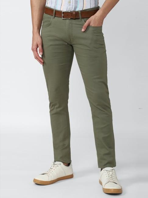 peter england casuals olive cotton skinny fit trousers