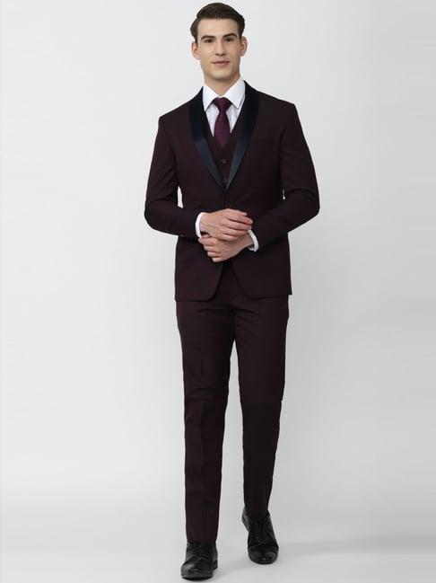 peter england elite brown slim fit texture three piece suits