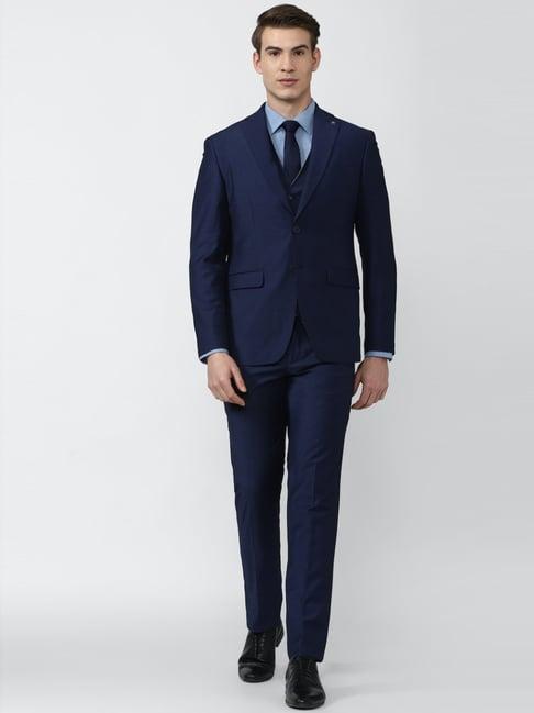 peter england elite navy slim fit self pattern three piece suits