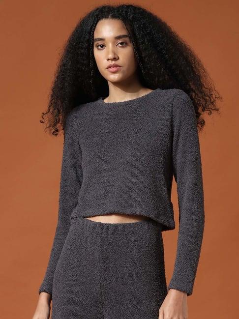 only grey round neck self design crop top