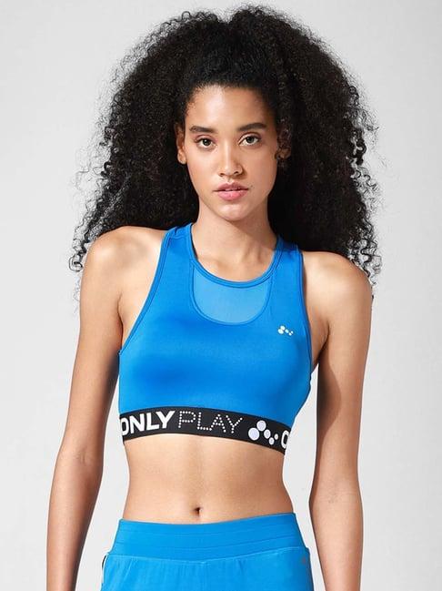 only blue round neck printed sports bra