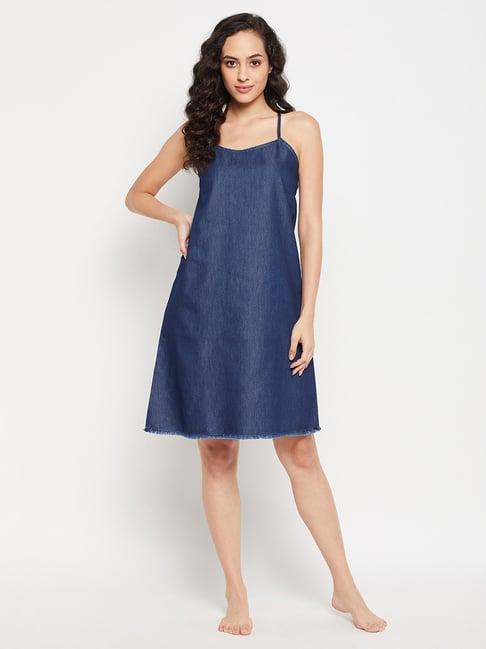 clovia blue round neck night dress